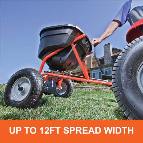 Agri-Fab Pull Behind Broadcast Spreader for Seed, Fertilizer, Salt and Ice Melt, 130 lb Hopper Capacity with Universal Hitch and 12 Ft Spread Width