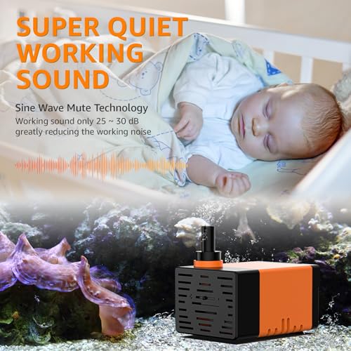 Submersible fountain pump, an ultra-quiet water pump 100GPH,120V 60HZ, features a detachable design, and is suitable for fish tanks, aquariums, hydroponic systems, and fountains.