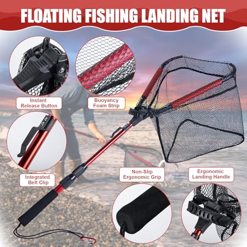 Goture Floating Fishing Net with Assist Handle, Aluminum Alloy Fixed or Telescoping Pole Handle, PVC Coated Nylon Mesh, Foldable Fish Landing Net, Carry Bag for Kayak, Fly, Bass, Trout Fishing