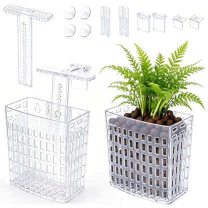 2 Pack Upgraded Aquarium Plant Holder, Adjustable Height Fish Tank Planter with Suction Cups & Extendable Hooks, Transparent Aquaponic Plant Holder for Aquascape Decoration