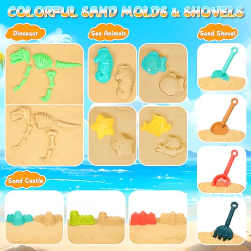 Beach Sand Toys for Kids, 29PCS Sandbox Toys with 2 Collapsible Bucket Sand, 2 Dump Truck, Dinosaur Molds, Castle Building Kit, Shovel Sieve,Flags,Mesh Bag Travel Beach Toys for Toddler 3-10
