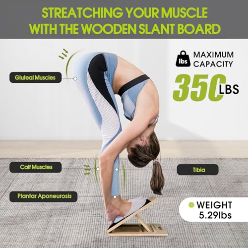 Slant Board, Wooden 5‑Angle Calf Stretcher Non‑Slip for Plantar Fasciitis & Achilles Pain Relief, 350 LBS Portable Therapy Foot Stretcher with Training Poster, Relief Leg Heel Ankle Pain