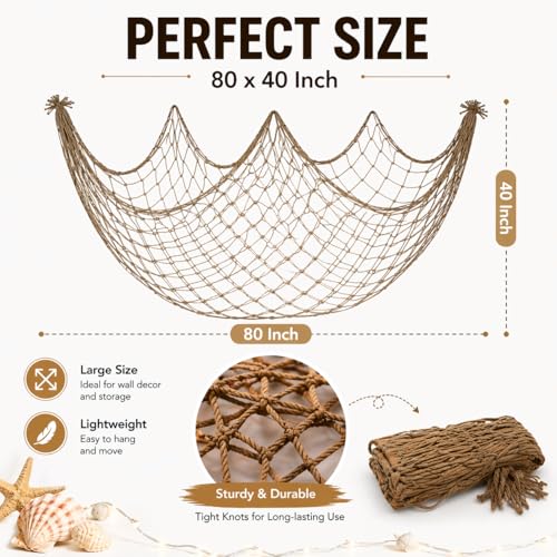 Fish Net Decorations for Party, 80x40 Inch Large Decorative Fish Netting Table Runner, Wall Photo Hanging Fishnet for Nautical Mermaid Pirate Hawaii Beach Under the Sea Party Decorations, Caramel