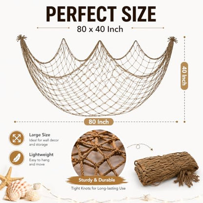 Fish Net Decorations for Party, 80x40 Inch Large Decorative Fish Netting Table Runner, Wall Photo Hanging Fishnet for Nautical Mermaid Pirate Hawaii Beach Under the Sea Party Decorations, Caramel
