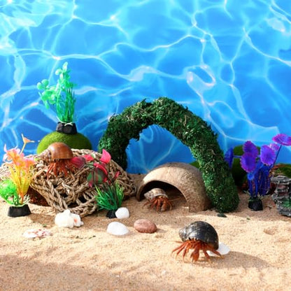 14 Pcs Hermit Crab Accessories Natural Hermit Crab Habitat Toy Artificial Moss and Plants Suction Cups for Lizard Chameleon Leopard Gecko Reptile Amphibians Tank Decoration (Rainforest Style)