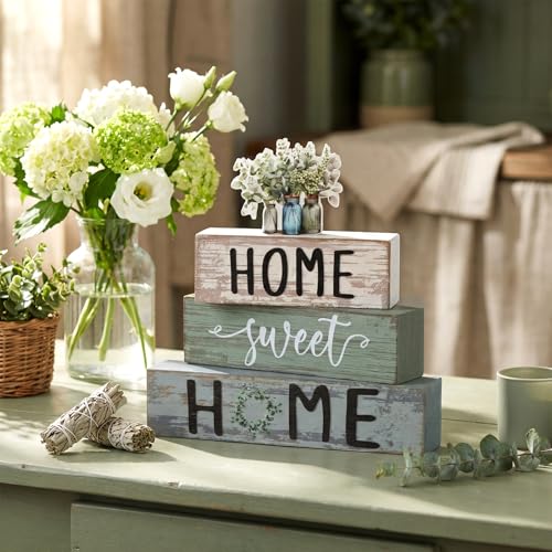 4 Pcs Spring Eucalyptus Mason Jar Wooden Block Decor Farmhouse Tiered Tray Signs Home Sweet Home Tabletop Centerpiece for Kitchen Shelf Decoration Housewarming Gifts