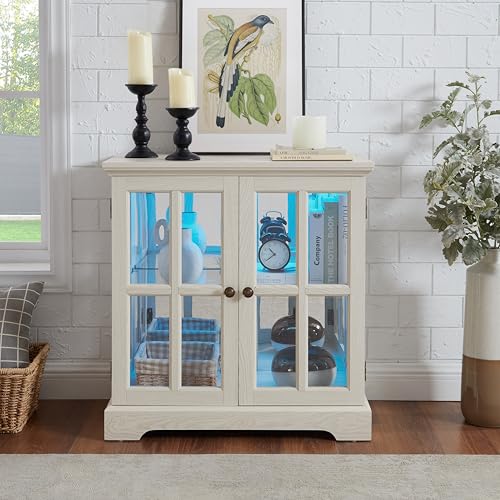 LED Curio Display Cabinet with Adjustable Glass Shelves, Retro Lattice Door Bookcase, Antique Home Decor Storage Showcase with Magnetic Closure
