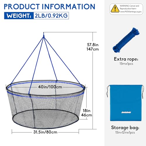 Foldable Fishing Net, Landing Fishing Pier Nets 31"/40" Hoop, Drop Net for Pulling Up Fish with Rope, Portable Bridge Fishing Net for Minnows, Crawfish, Shrimp - size: Rubber - 40 Inch Hoop