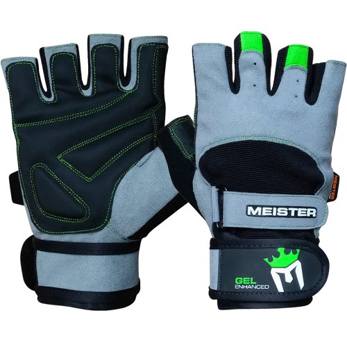 Meister Wrist Wrap Weight Lifting Gloves w/Gel Padding - color: Gray / Neon Green, size: X-Large
