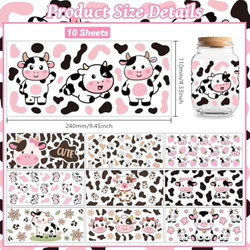 UV DTF Cup Wraps Transfer Stickers Cow Pattern, 10 Sheets Waterproof Custom Vinyl Transfer Sticker 16oz Coffee Glass Cup Tumbler Bottle Mug Decals for Men Women - style: Cow