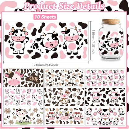 UV DTF Cup Wraps Transfer Stickers Cow Pattern, 10 Sheets Waterproof Custom Vinyl Transfer Sticker 16oz Coffee Glass Cup Tumbler Bottle Mug Decals for Men Women - style: Cow