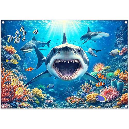 Fabric 7x5ft Shark Theme Backdrop Under The Sea Underwater World Deep Ocean Aquarium Coral Reef Fish Photography Background Kids Party Decorations Photo Banner Props