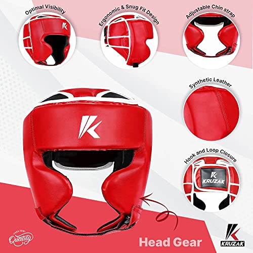 Kruzak Unisex Boxing Headgears - MMA Training, Adjustable Padded, Kara,Muay Thai Headgear, Kickboxing, Sparring, Martial Arts, Karate, Taekwondo MMA Body Equipment - color: Red, size: Small-Medium
