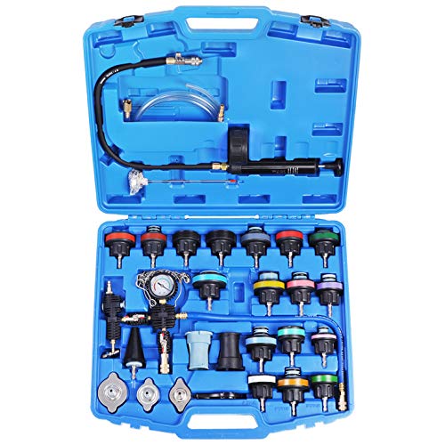 Radiator Pressure Tester Pneumatic Vacuum Cooling System Purge Refill Kit 28PCS Universal Automotive Water Tank Leak Test and Coolant Fill Tool Set with Adapters Gauge Case