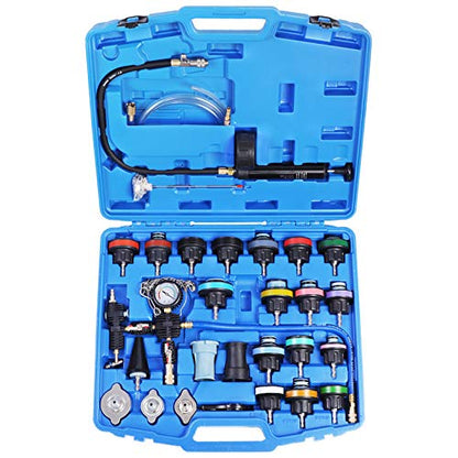Radiator Pressure Tester Pneumatic Vacuum Cooling System Purge Refill Kit 28PCS Universal Automotive Water Tank Leak Test and Coolant Fill Tool Set with Adapters Gauge Case