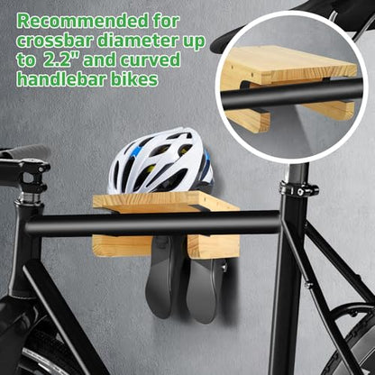 Wooden Bike Wall Mount Rack with Shelf and Hooks, Bike Hanger Wall Mount