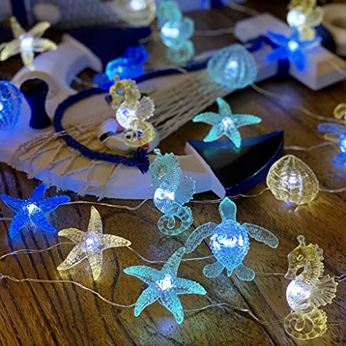 Ocean Themed String Lights Marine Life Night Light Beach Décor Sea Turtle Seahorse Starfish Clam Decorative Lights Battery Operated USB Plug in 30LED 10ft Christmas Tree Ornaments Holiday Bedroom