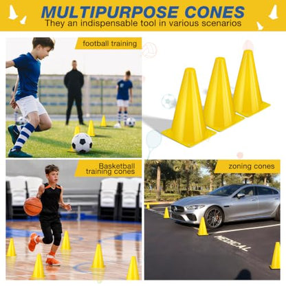 24pcs Cones 9 Inch Soccer Cones and Plastic Traffic Cones, Durable Cones for Sports Training, Ideal for Soccer, Basketball, Football, Skating, and Agility Drills Practice - color: yellow