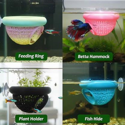 Floating Betta Hammock, Multi-Functional Fish Tank Decor, Betta Hideout with Suction Cup, Feeding Rings, Aquarium Plant Holder, Betta Fish Tank Accessories, Eco-Safe PLA, Medium, Blue