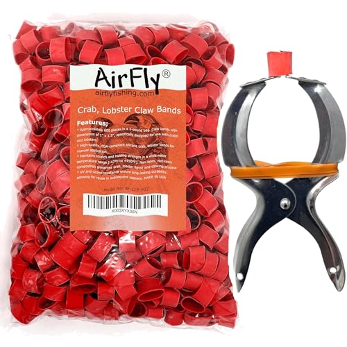 AirFly Crab and Lobster Claw Bands - Size 1" x 0.5" - FDA-Compliant Silicone - Cook Safe, Non-Latex, Non-Toxic - Fits Lobster, Dungeness and Blue Crab - Made in USA (Red, Bands + Bander)