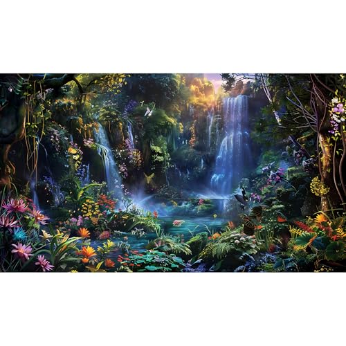 Waterfall Aquarium Background Enchanted Fantasy Forest Vibrant Blooms Fish Tank Background Tropical Forest Tranquil Stream Reptile Tank Backgrounds Fairy Rainforest Terrarium Backgrounds 48x18in - color: Blue_Green, size: 48(W)x18(H)inches/ 120(W)*45cm(H)