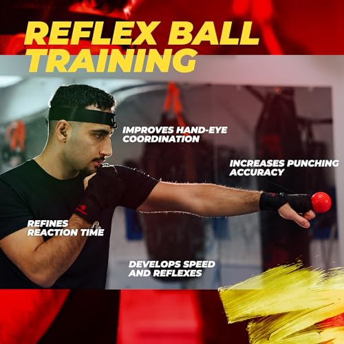 Boxing Reflex Ball for Adults - React Reflex Balls on String with Headband, Carry Bag and Hand Wraps - Improve Hand Eye Coordination, Punching Speed, Fight Reaction