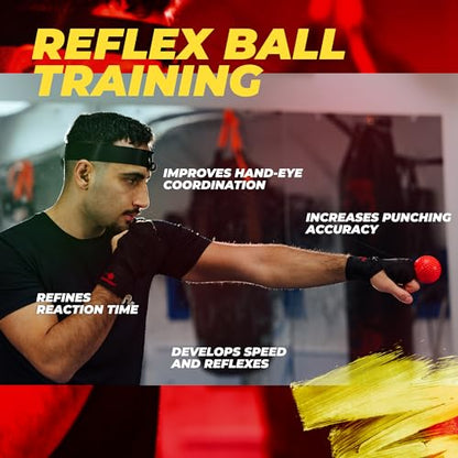 Boxing Reflex Ball for Adults - React Reflex Balls on String with Headband, Carry Bag and Hand Wraps - Improve Hand Eye Coordination, Punching Speed, Fight Reaction