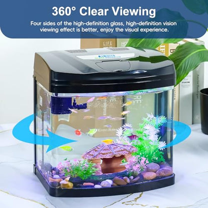 3 Gallon Glass Aquarium Starter Kit with Flip-Top Feeding Port for Betta Fish: Crystal Clear 360° Viewing, Eco-Cycle Filtration, Air Pump, and LED Lighting