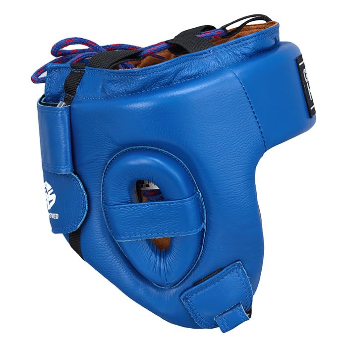 Green Hill Five Star Leather Boxing Headgear for Men & Women | AIBA-approved leather head guard for boxing, MMA and Muay Thai with secure fit and impact protection during sparring. - color: Blue