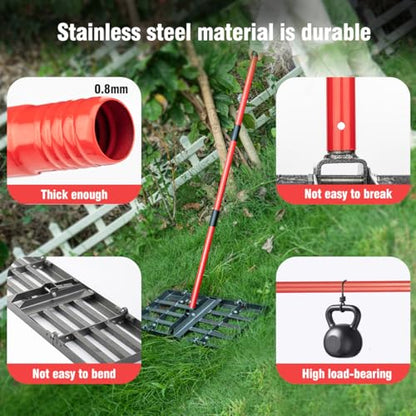 Lawn Leveling Rake - Lawn Leveler with 78" Adjustable Steel Handle, 30"x10" Ground Plate for Yard, Grass, Level Soil, Dirt Ground or Golf Field