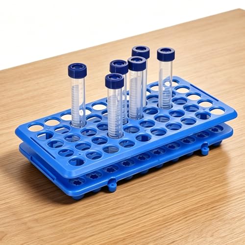 BIGLEE Plastic Test Tube Holder Rack with Silicone Pad for 5ml/10ml/15ml Centrifuge Tubes, Detachable,Holes 50 (1, Dark Blue, 9.6X4.9IN)