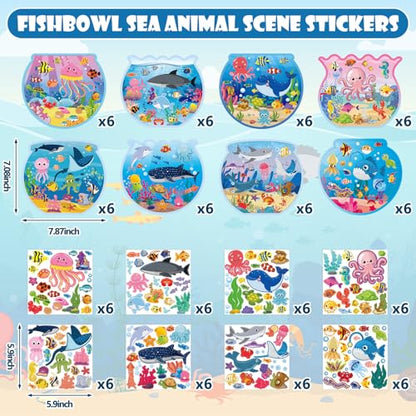 Frienda 48 Set Fishbowl Sticker Craft Kit Make Your Own Under the Sea Ocean Scene Stickers Bulk DIY Ocean Sea Animals Scene Stickers Shark Clown Fish for Summer Party Favors Home Game Activities - style: Fish