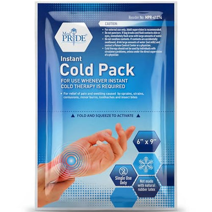 MED PRIDE Disposable Instant Cold Packs for First Aid, Pain Relief, Swelling, Sprains, Injuries, No Freezer Needed (6x9 Inch (Pack of 24) Clear) - size: 6 X 9 Inch (Pack of 24)