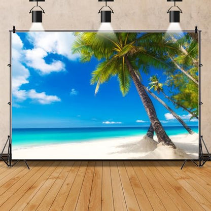 8x6ft Sea Beach Photography Background Seaside Palmtree Backdrop Vacation Trip Blue Sky Holiday Kid Baby Lovers Boy Girl Adult Artistic Portrait Photoshoot Studio Props Video Drape Wallpaper - size: 8x6ft