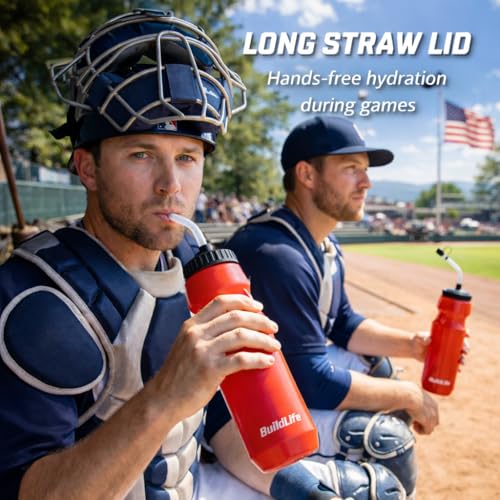 BuildLife 2 Pack Sports Water Bottle - Hockey Water Bottle with Long Straw and 2 lids (Straw and Squeeze) for Helmet Sports Hockey, Lacrosse, Football, Boxing, BPA Free,Dishwash Safe (Red) - color: Red