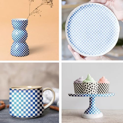 PLIGREAT 5 Pcs Vintage Plaid Underglaze Transfer Paper, 20.5x14.6in Blue Ceramic Decals Chessboard Under Glaze Transfers Art DIY Sticker for Pottery Enamel Decals DIY Handicraft Supplies - style: Plaid