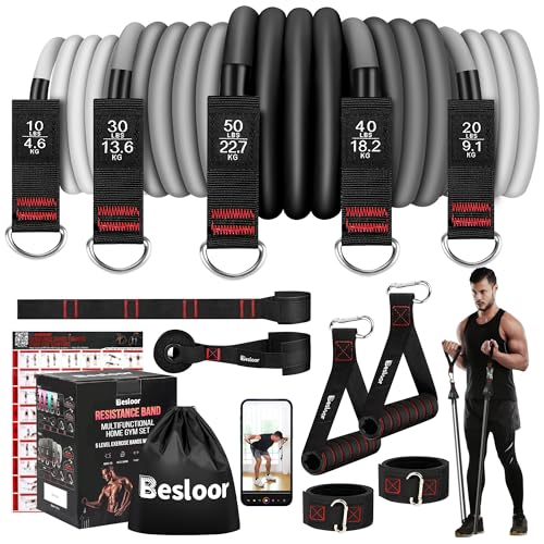 Resistance Band Set. Exercise Bands with Handles, Door Anchor and Ankle Strap. Home Gym, Supports Full-Body Workouts - with Training Guide and Fitness Video