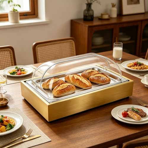Countertop Ice Food Serving Display Tray with Transparent Roll Lid Buffet Cold Serving Cooler Platter Cooling Fruit Food Dishes Display Plate Table Decorations