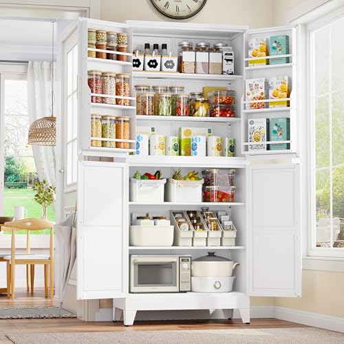 74.8" Tall Metal Food Cabinet, White Kitchen Pantry Cabinet, Storage Cabinets with 4 Door and 4 Adjustable Shelves, Steel Freestanding Cupboard for Kitchen Dining Room Living Room Bathroom - color: White-4d, size: 15.75"D x 31.5"W x 74.8"H