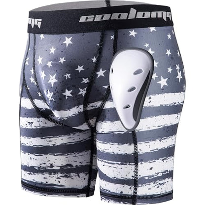 COOLOMG Mens Compression Shorts with Cup Baseball Football - color: Grey Us Flag, size: Small