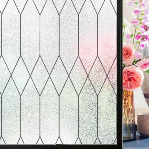 Window Privacy Film Stained Glass Static Clings, Bathroom Frosted Leaded Decorative Window Stickers, UV Heat Blocking Opaque Removable for Home Door Coverings (17.5 x 78.8in,Pure)
