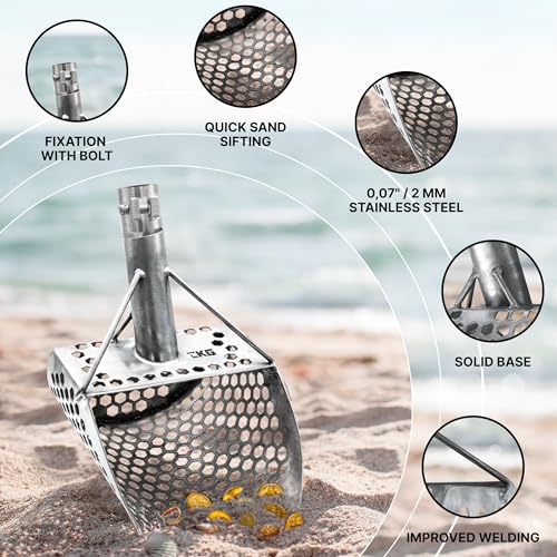 Sand Scoops for Beach Metal Detecting Stainless Steel Beach Metal Detecting Shovel Underwater Treasure Hunting, Metal Detector Accessories(Bag + Scoop + Carbon Fiber Handle), (9x6 + Handle) - size: 9 x 6 in + Handle