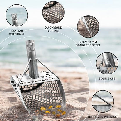 Sand Scoops for Beach Metal Detecting Stainless Steel Beach Metal Detecting Shovel Underwater Treasure Hunting, Metal Detector Accessories(Bag + Scoop + Carbon Fiber Handle), (9x6 + Handle) - size: 9 x 6 in + Handle
