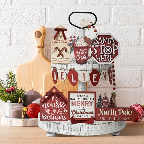 Smile Christmas Indoor Decoration, Tiered Tray Decor Set Wooden Centerpiece, We Believe Tabletop Wooden Decoration for Xmas Home - style: Christmas Rustic