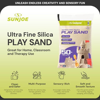 Sun Joe Silica Play Sand for Sandbox, Sensory Table & Gardens, Ultra Fine, 50 Lb Bag - Indoor & Outdoor Craft Accessory for Molding, Digging & Sculpting, PLYSAND50