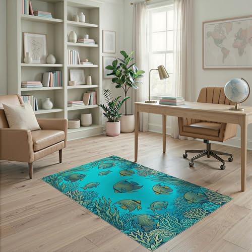 4'x6' Washable Modern Fish Area Rug, Turquoise Flatwoven Floor Mat Non-Slip Chair-Friendly Carpet for Home Office, Gaming Room, Under Desk | Ref:1909343