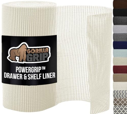GORILLA GRIP powerGRIP Drawer Shelf and Cabinet Liner, Thick Strong Hold, Non-Adhesive Liners Protect Kitchen Cabinets and Cupboard, Bathroom Drawers, Easy Install, Breathable Mat, 12" x10' Snow White - color: Snow White, style: 12" x 10'