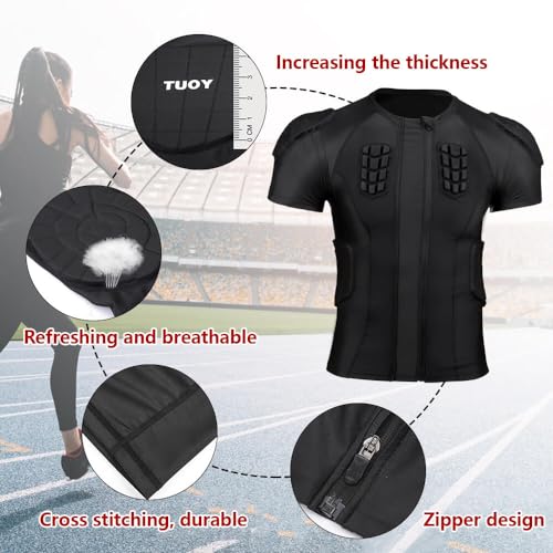 TUOY New Football Rib Chest Protector Shirt Padded Compression Shirts 6 Pads Adult Sizes Dark Black - color: Black, size: XX-Large