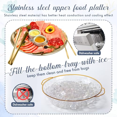 4 Sets 11.8" Chilled Serving Tray for Parties Round Iced Platter with Ice Underneath Stainless Steel Clip Fruit Fork Shrimp Cocktail Serving Dish for Oysters Crawfish Fruits (Gold) - color: Gold