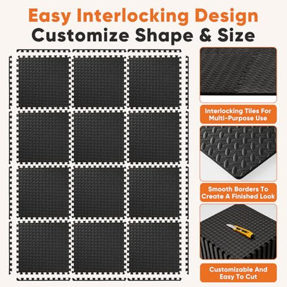 Sweetcrispy Interlocking Foam Floor Tiles - color: Black, size: EVA Foam (12 Pcs)